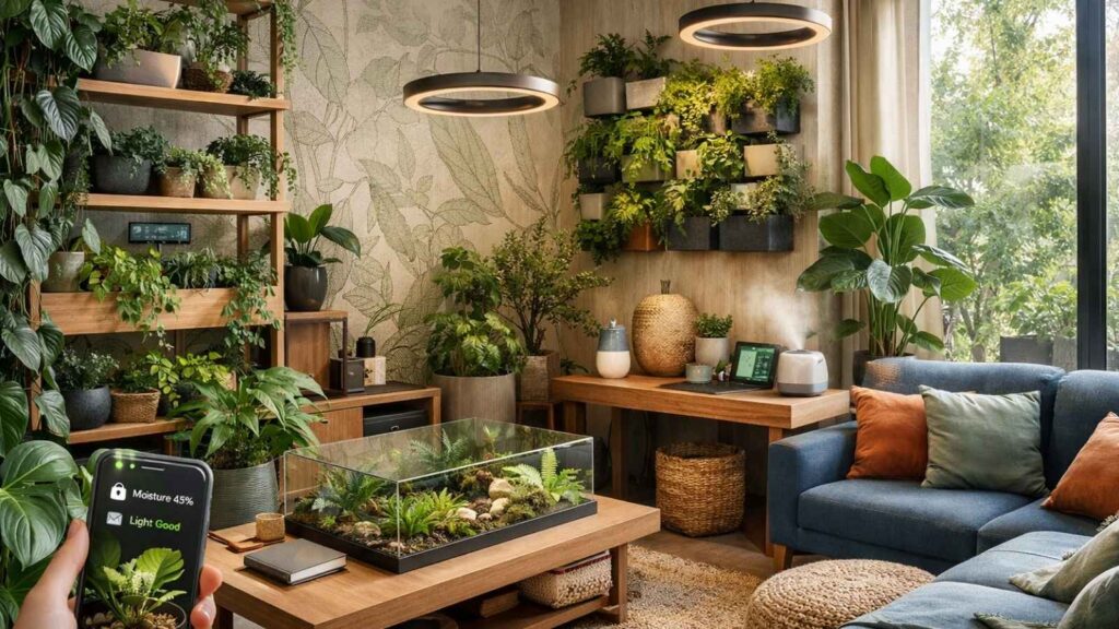 Gezellig, groen huis met natuurtinten en veel planten in de kamer.