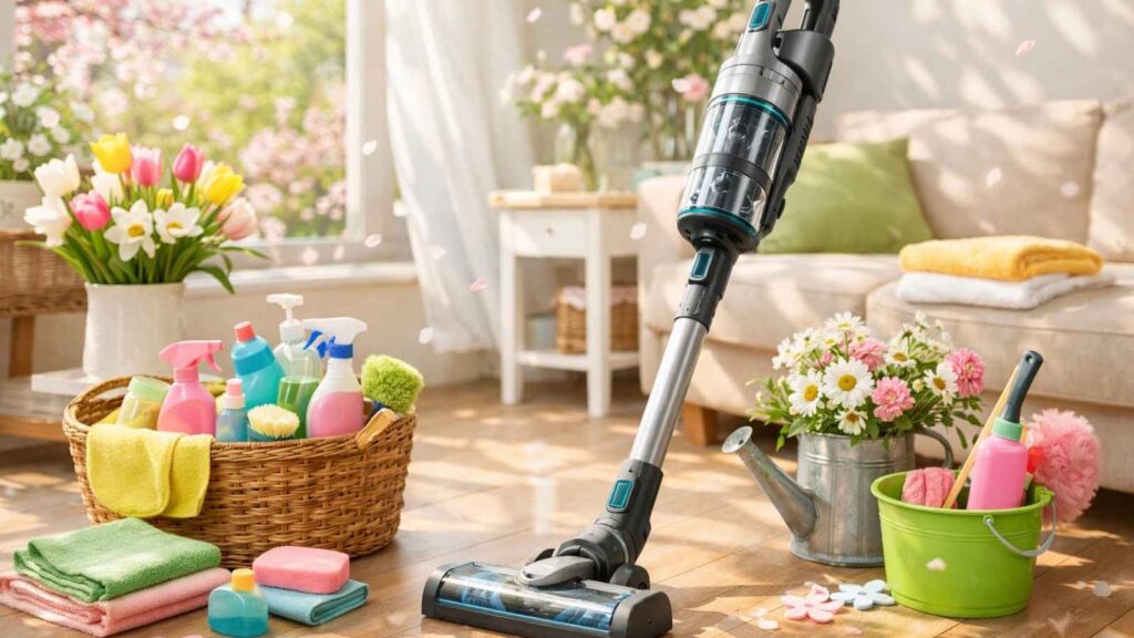 Grafische afbeelding van een steelstofzuiger in een fris huis tijdens de lenteschoonmaak.