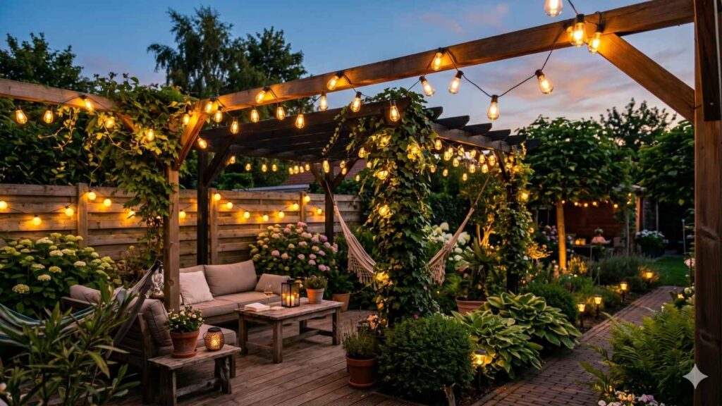 Gezellig terras met solar sfeerverlichting die een warme gloed creeert.
