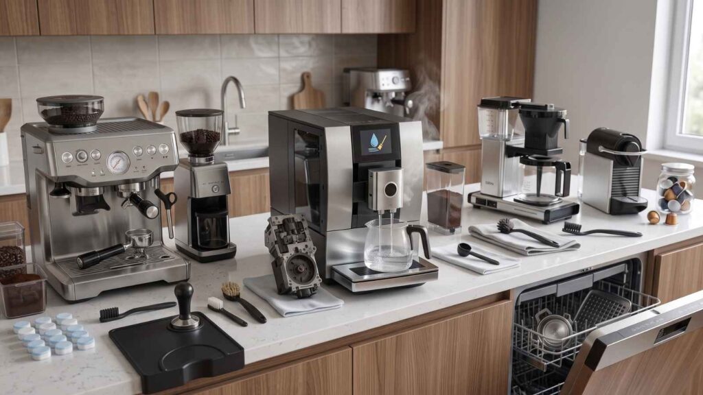 Koffiezetapparaten op een rijtje.