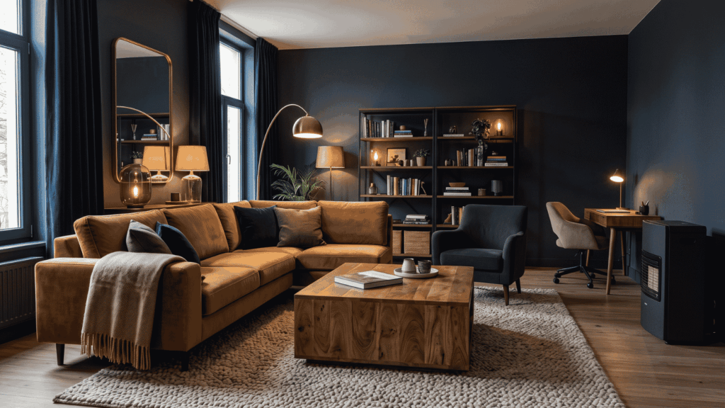 Stijlvolle kamer met donker interieur.