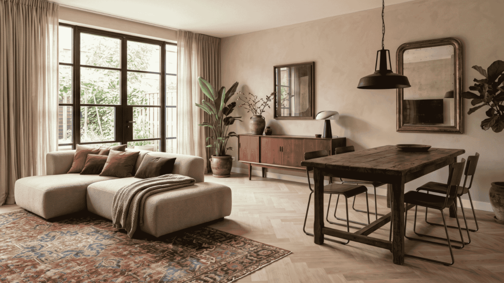 Header waar vintage meubels worden gecombineerd met een modern interieur.